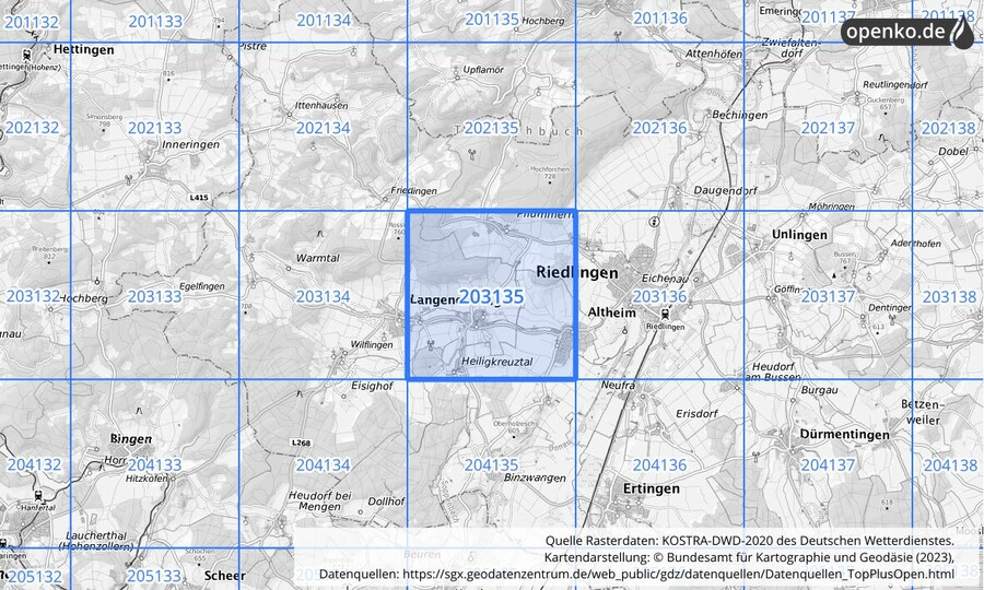 Übersichtskarte des KOSTRA-DWD-2020-Rasterfeldes Nr. 203135
