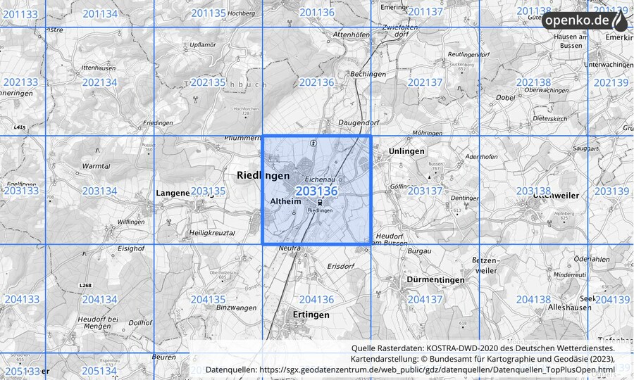 Übersichtskarte des KOSTRA-DWD-2020-Rasterfeldes Nr. 203136