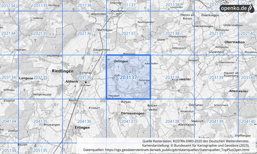 Übersichtskarte des KOSTRA-DWD-2020-Rasterfeldes Nr. 203137