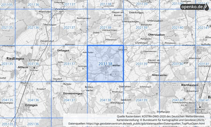 Übersichtskarte des KOSTRA-DWD-2020-Rasterfeldes Nr. 203138