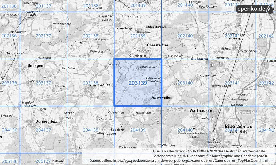 Übersichtskarte des KOSTRA-DWD-2020-Rasterfeldes Nr. 203139