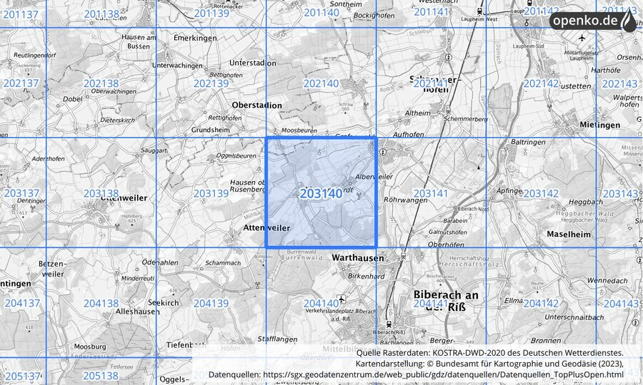 Übersichtskarte des KOSTRA-DWD-2020-Rasterfeldes Nr. 203140