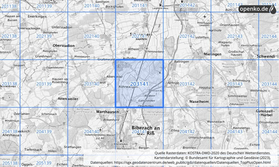 Übersichtskarte des KOSTRA-DWD-2020-Rasterfeldes Nr. 203141
