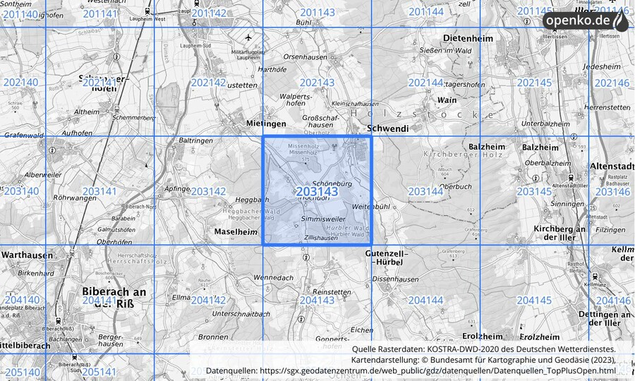 Übersichtskarte des KOSTRA-DWD-2020-Rasterfeldes Nr. 203143