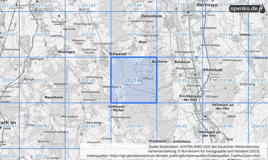 Übersichtskarte des KOSTRA-DWD-2020-Rasterfeldes Nr. 203144