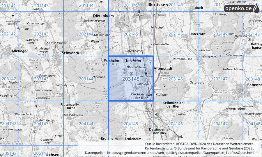 Übersichtskarte des KOSTRA-DWD-2020-Rasterfeldes Nr. 203145