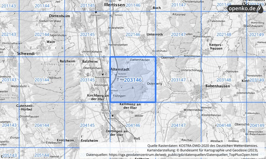 Übersichtskarte des KOSTRA-DWD-2020-Rasterfeldes Nr. 203146