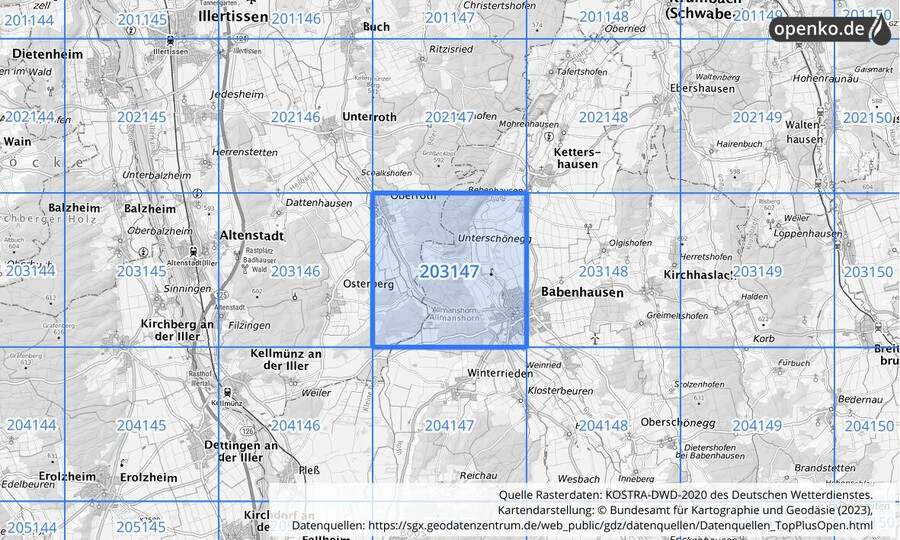 Übersichtskarte des KOSTRA-DWD-2020-Rasterfeldes Nr. 203147