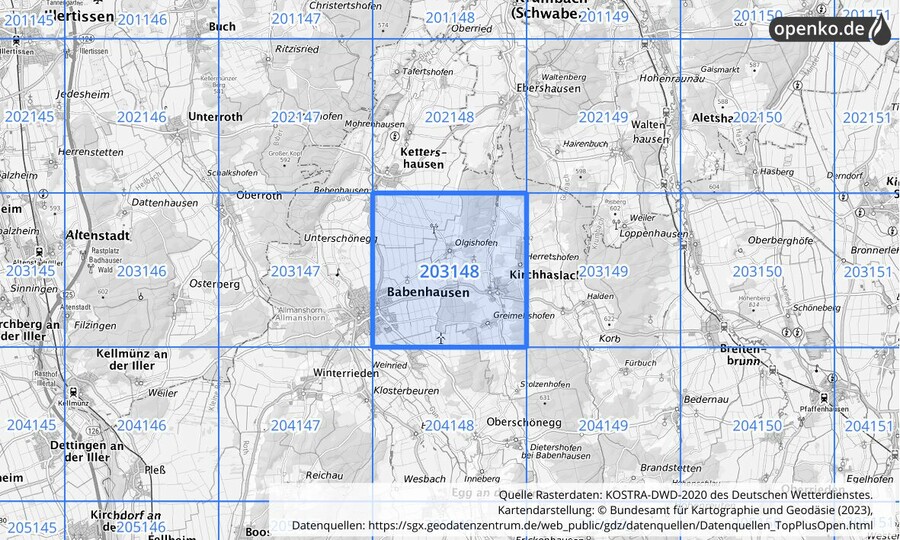 Übersichtskarte des KOSTRA-DWD-2020-Rasterfeldes Nr. 203148