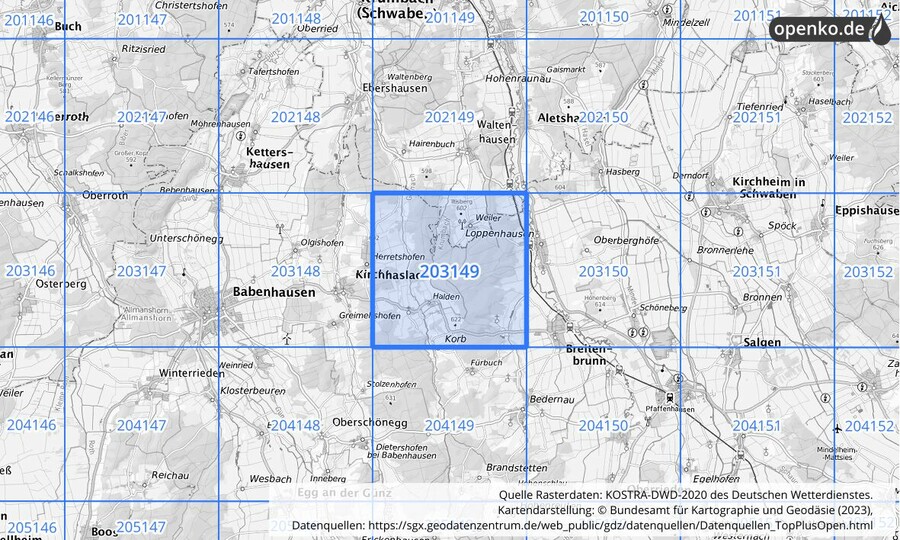 Übersichtskarte des KOSTRA-DWD-2020-Rasterfeldes Nr. 203149