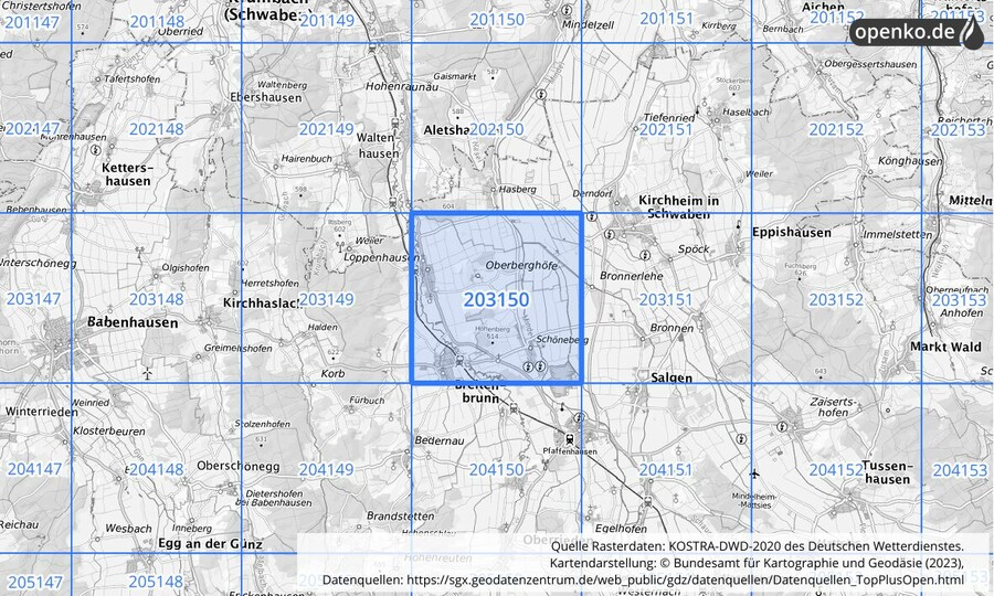 Übersichtskarte des KOSTRA-DWD-2020-Rasterfeldes Nr. 203150