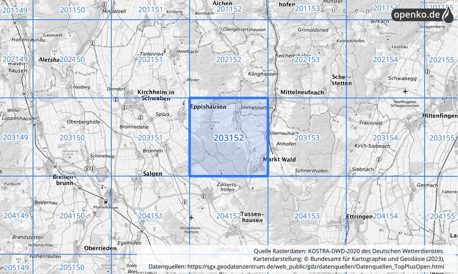 Übersichtskarte des KOSTRA-DWD-2020-Rasterfeldes Nr. 203152