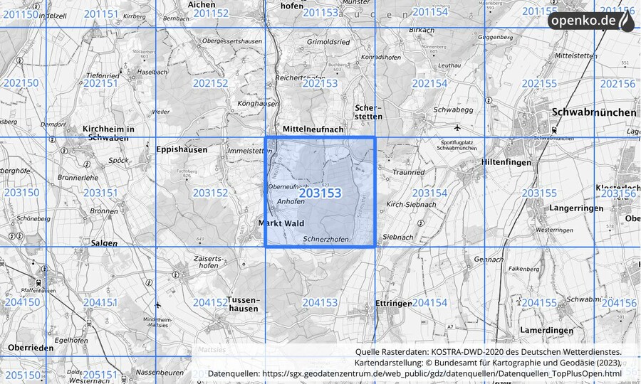 Übersichtskarte des KOSTRA-DWD-2020-Rasterfeldes Nr. 203153