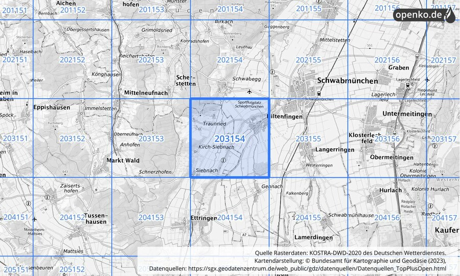 Übersichtskarte des KOSTRA-DWD-2020-Rasterfeldes Nr. 203154