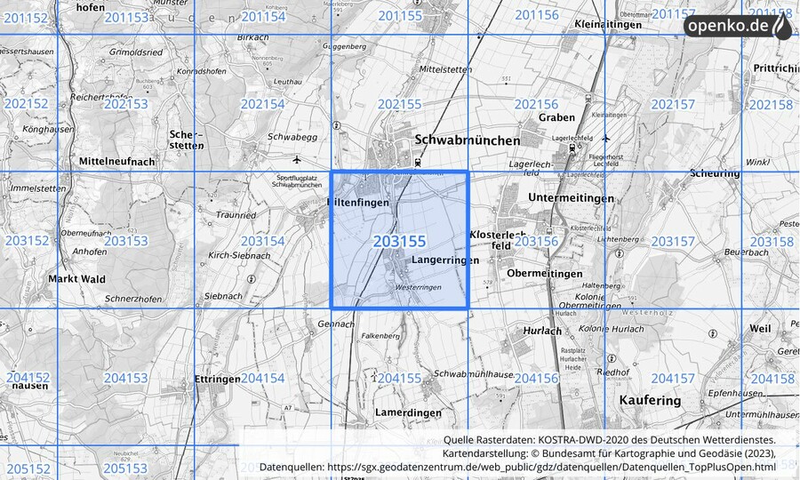 Übersichtskarte des KOSTRA-DWD-2020-Rasterfeldes Nr. 203155