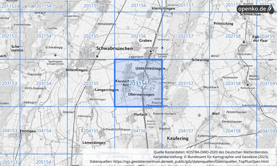 Übersichtskarte des KOSTRA-DWD-2020-Rasterfeldes Nr. 203156