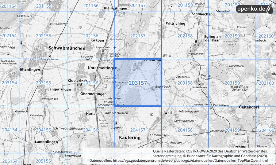 Übersichtskarte des KOSTRA-DWD-2020-Rasterfeldes Nr. 203157