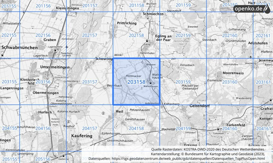 Übersichtskarte des KOSTRA-DWD-2020-Rasterfeldes Nr. 203158