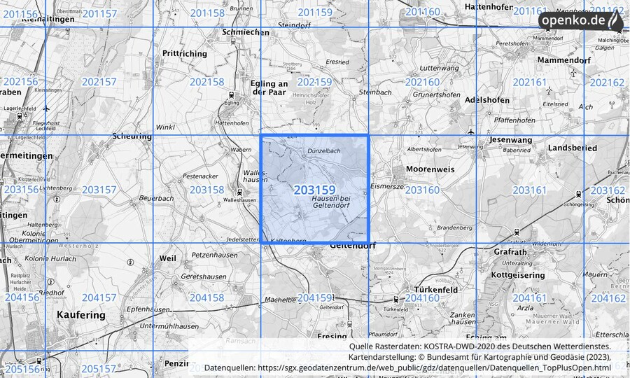 Übersichtskarte des KOSTRA-DWD-2020-Rasterfeldes Nr. 203159