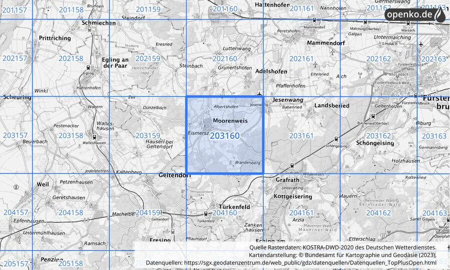 Übersichtskarte des KOSTRA-DWD-2020-Rasterfeldes Nr. 203160