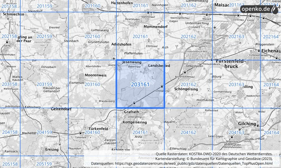 Übersichtskarte des KOSTRA-DWD-2020-Rasterfeldes Nr. 203161