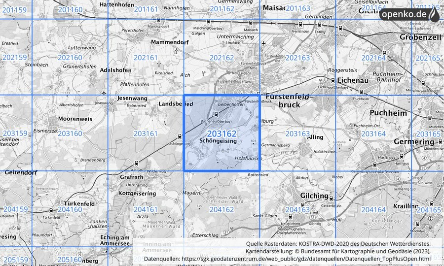 Übersichtskarte des KOSTRA-DWD-2020-Rasterfeldes Nr. 203162