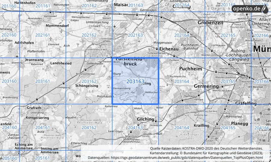 Übersichtskarte des KOSTRA-DWD-2020-Rasterfeldes Nr. 203163