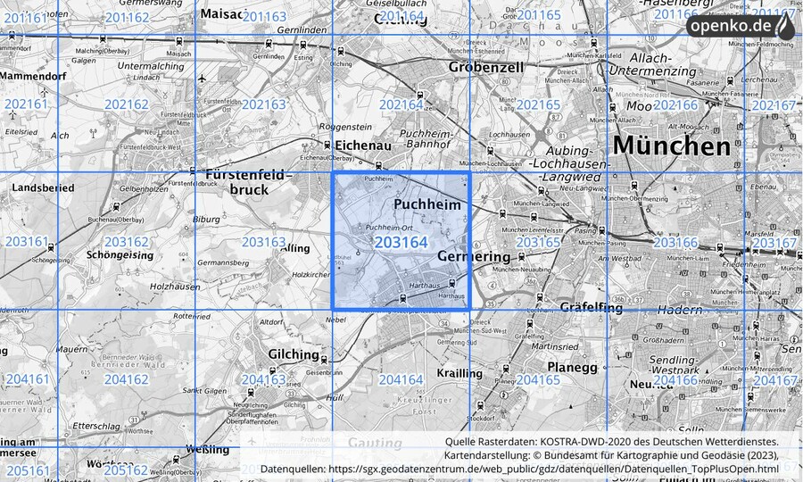 Übersichtskarte des KOSTRA-DWD-2020-Rasterfeldes Nr. 203164