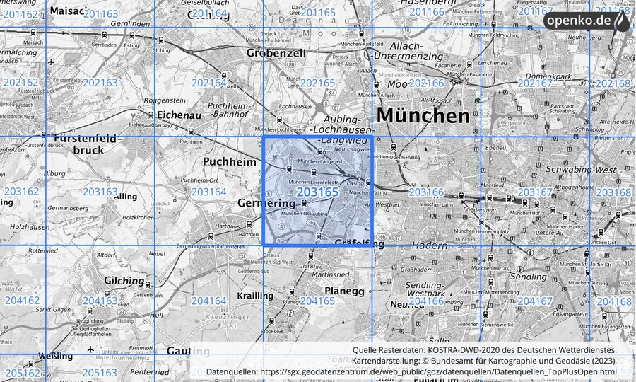 Übersichtskarte des KOSTRA-DWD-2020-Rasterfeldes Nr. 203165