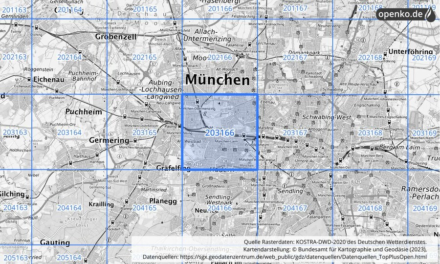 Übersichtskarte des KOSTRA-DWD-2020-Rasterfeldes Nr. 203166