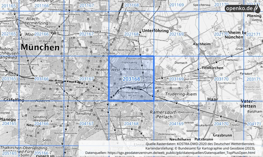 Übersichtskarte des KOSTRA-DWD-2020-Rasterfeldes Nr. 203168