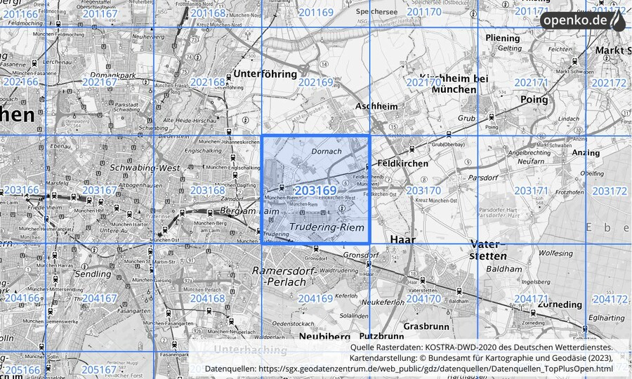 Übersichtskarte des KOSTRA-DWD-2020-Rasterfeldes Nr. 203169