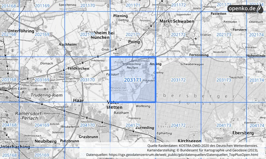 Übersichtskarte des KOSTRA-DWD-2020-Rasterfeldes Nr. 203171