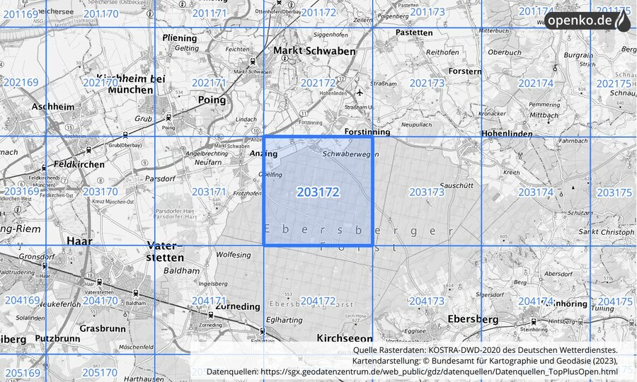 Übersichtskarte des KOSTRA-DWD-2020-Rasterfeldes Nr. 203172