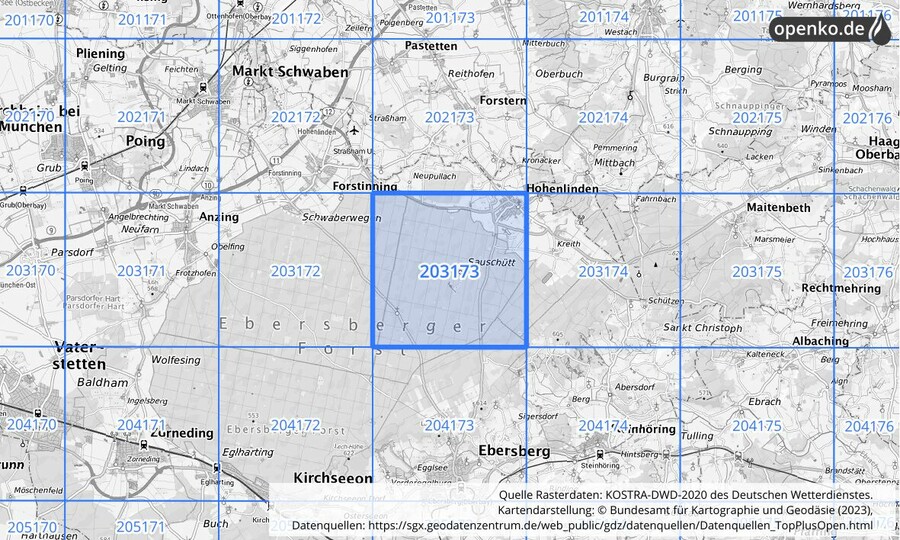 Übersichtskarte des KOSTRA-DWD-2020-Rasterfeldes Nr. 203173