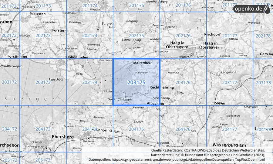 Übersichtskarte des KOSTRA-DWD-2020-Rasterfeldes Nr. 203175