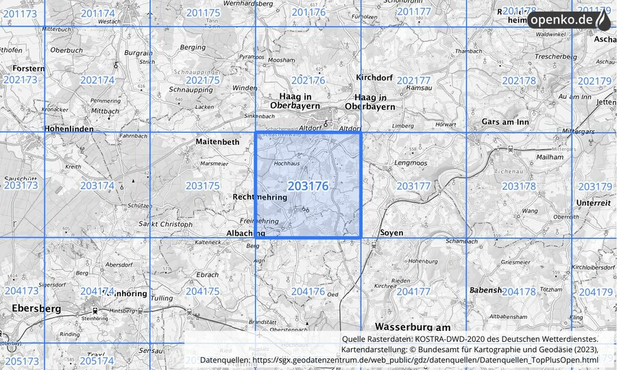 Übersichtskarte des KOSTRA-DWD-2020-Rasterfeldes Nr. 203176