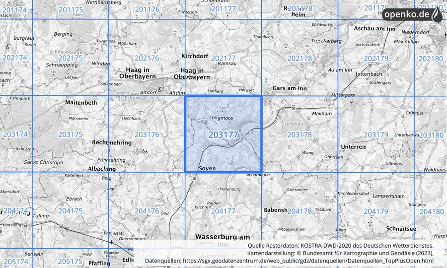 Übersichtskarte des KOSTRA-DWD-2020-Rasterfeldes Nr. 203177