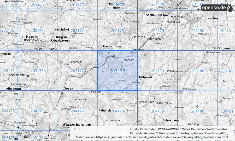 Übersichtskarte des KOSTRA-DWD-2020-Rasterfeldes Nr. 203178