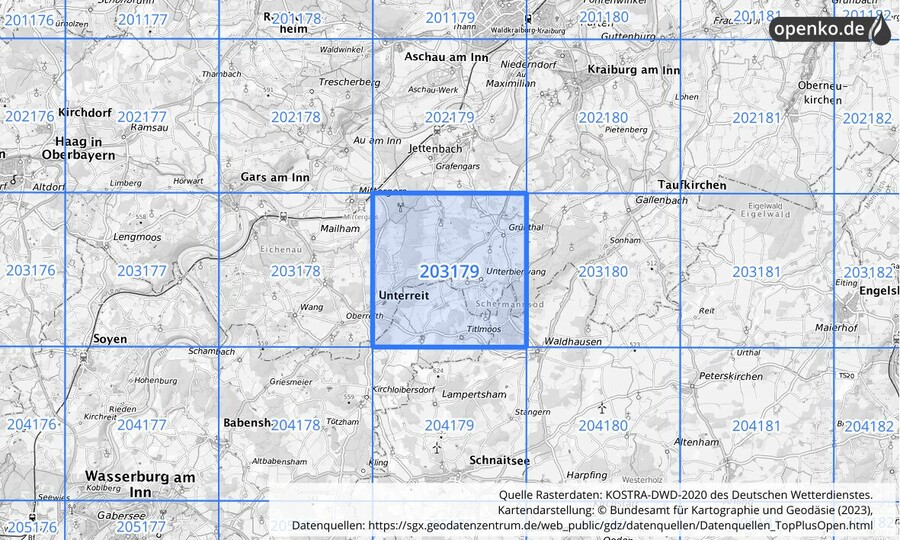 Übersichtskarte des KOSTRA-DWD-2020-Rasterfeldes Nr. 203179