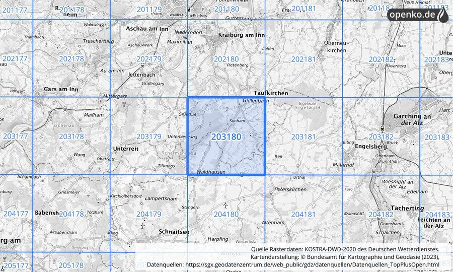 Übersichtskarte des KOSTRA-DWD-2020-Rasterfeldes Nr. 203180