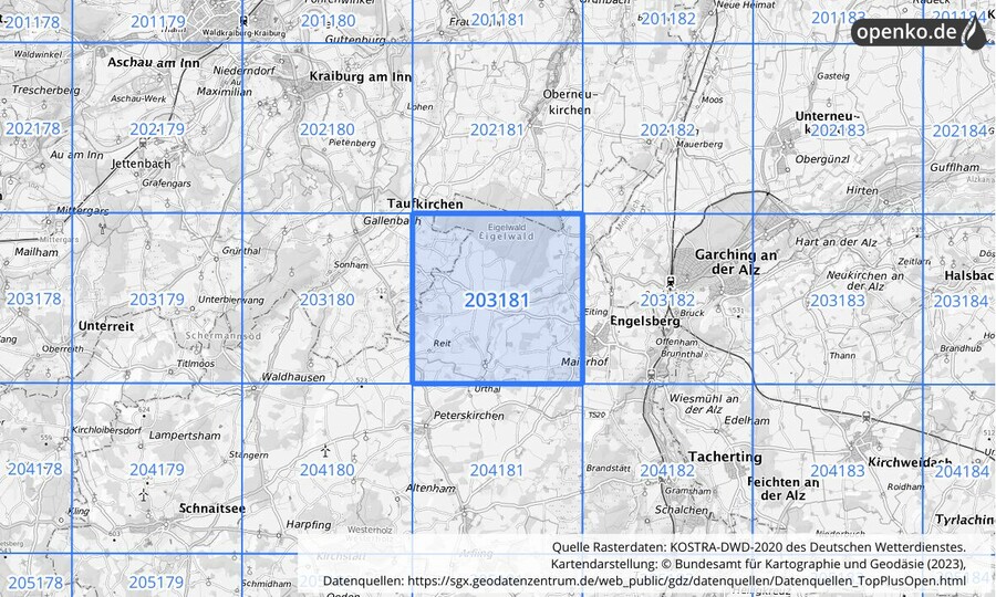Übersichtskarte des KOSTRA-DWD-2020-Rasterfeldes Nr. 203181