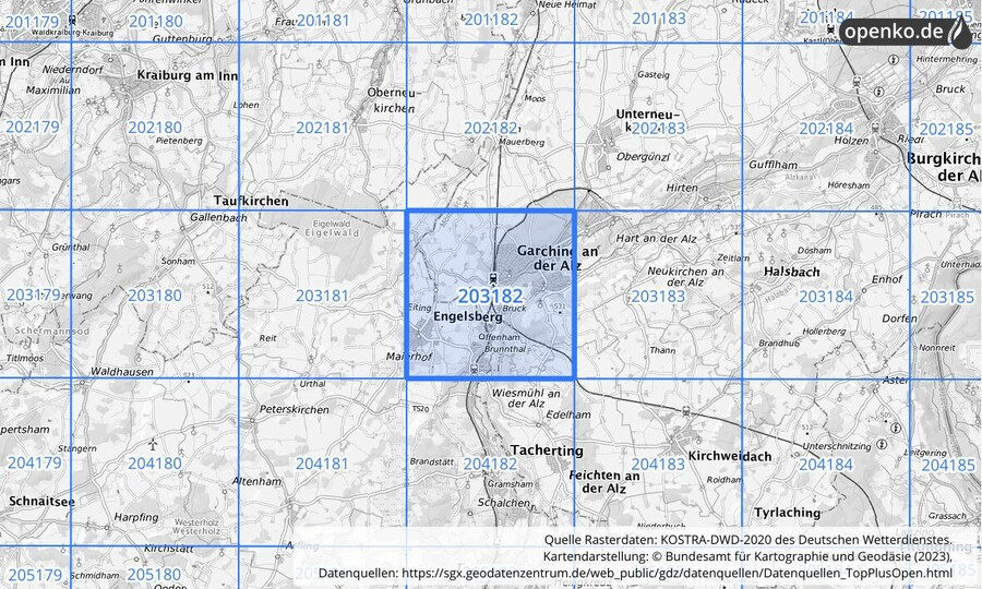 Übersichtskarte des KOSTRA-DWD-2020-Rasterfeldes Nr. 203182