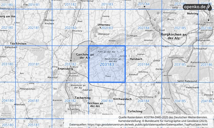 Übersichtskarte des KOSTRA-DWD-2020-Rasterfeldes Nr. 203183