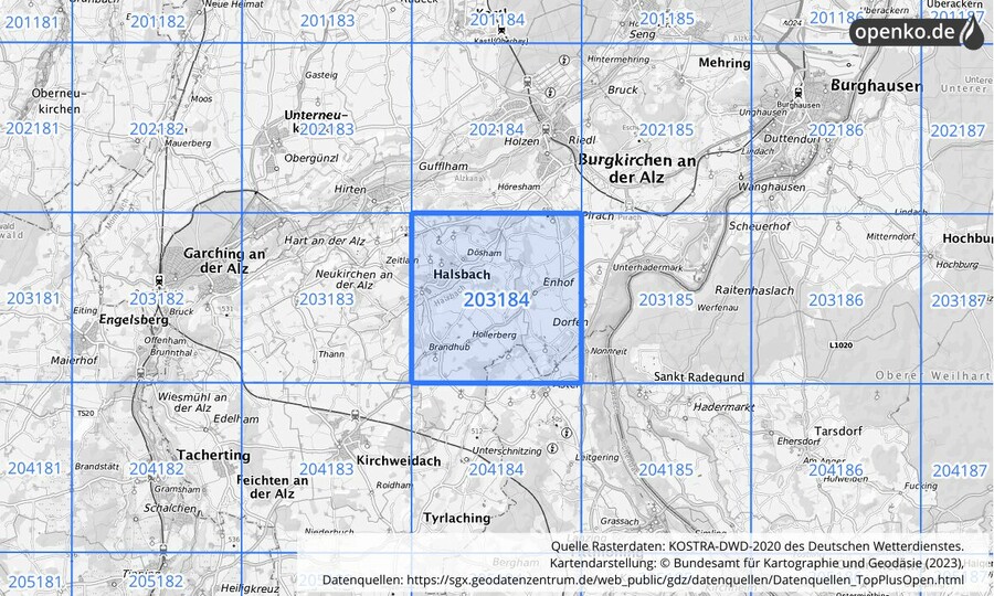 Übersichtskarte des KOSTRA-DWD-2020-Rasterfeldes Nr. 203184