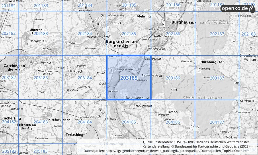 Übersichtskarte des KOSTRA-DWD-2020-Rasterfeldes Nr. 203185