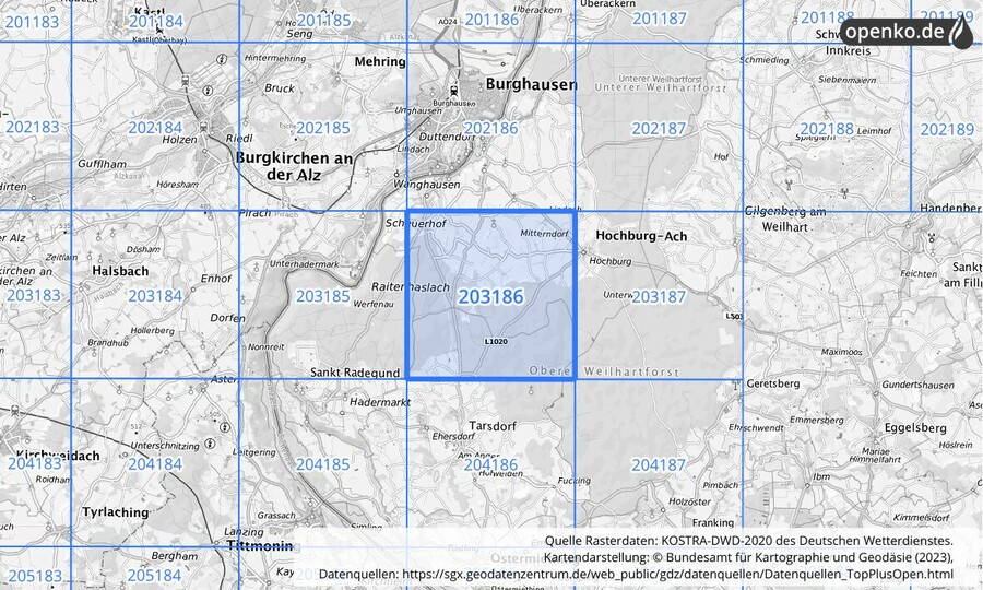 Übersichtskarte des KOSTRA-DWD-2020-Rasterfeldes Nr. 203186