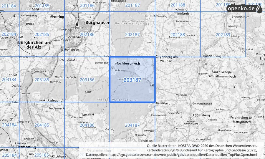 Übersichtskarte des KOSTRA-DWD-2020-Rasterfeldes Nr. 203187