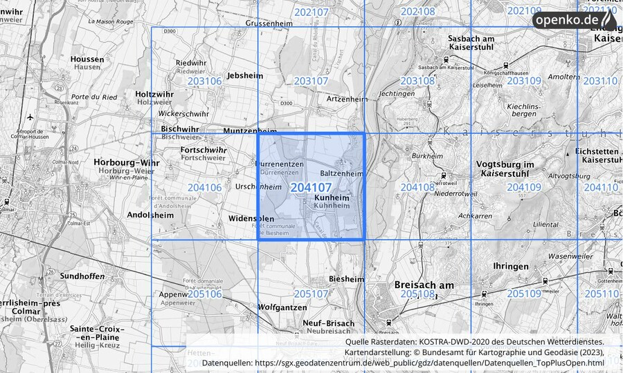 Übersichtskarte des KOSTRA-DWD-2020-Rasterfeldes Nr. 204107