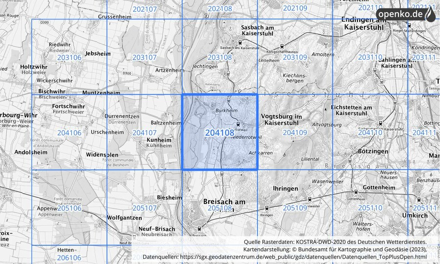 Übersichtskarte des KOSTRA-DWD-2020-Rasterfeldes Nr. 204108